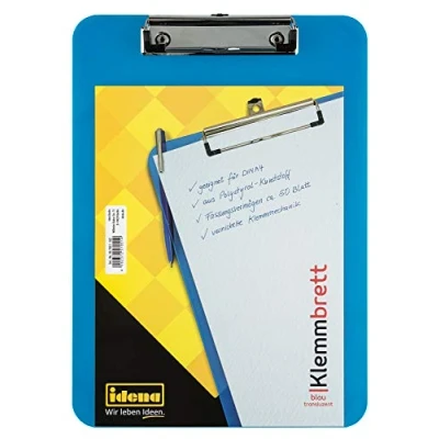 Image of IDENA 507051 clipboard for DIN A4 Size Sheets, Nickel Plated Clip, Colour: Translucent Blue