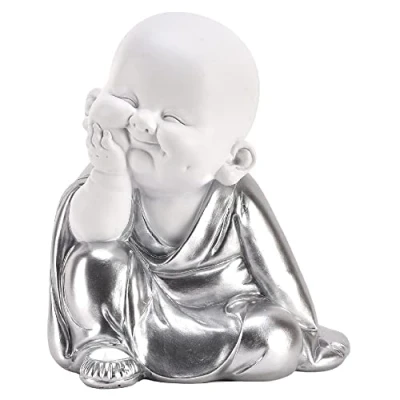 Image of Matt White &amp; Silver Thinking Zen Buddha Child Sculpture Figurine 19cm Height New Home Ornament Birthday Present