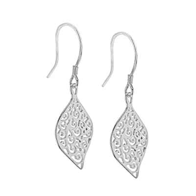 Image of Tuscany Silver Women&#039;s Sterling Curved Filigree Leaf Drop Earrings