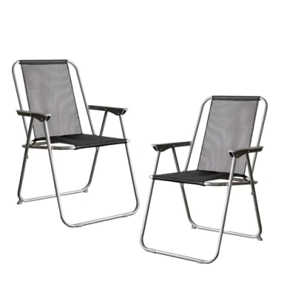 Image of 2 x Foldable garden chairs Fixed position with grey frame and black fabric