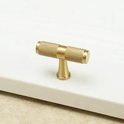 Image of Knurl Brass Kitchen Cabinet Drawer Knobs and Pulls Gold Tbar Cupboard Wardrobe Door Handles Modern 2Pack (2)