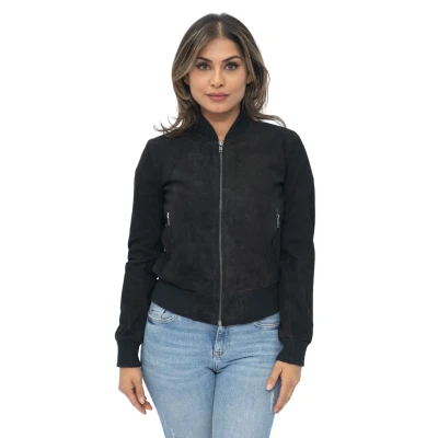 Image of Ladies Black Goat Suede Bomber Jacket Genuine Leather MA 1 Varsity Retro 4XL