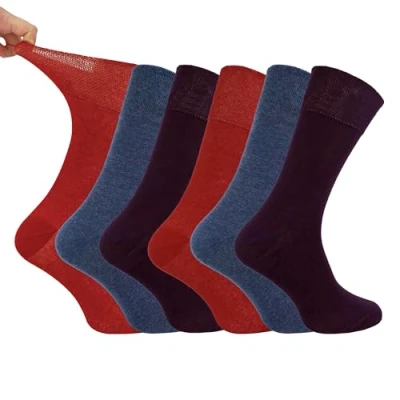 Image of IOMI Footnurse Mens 6 Pairs Cotton Non Elastic Diabetic Socks With Honeycomb Top (UK, Numeric, 6, 11, Regular, Burnt Orange/Blue/Burgundy)