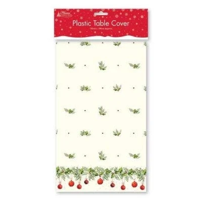Image of Other Christmas Table Cloth Cover 120cm x 180cm Plastic Wipe clean Cream Holly Baubles