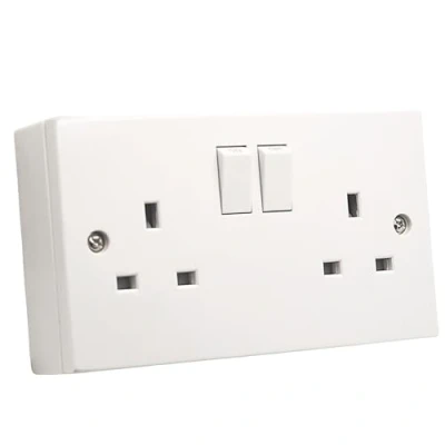 Image of SHPELEC® Square Edge White 13A 2 Gang Switched Socket with 45mm Surface Mount Pattress Box