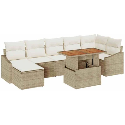 Image of vidaXL 8 Piece Garden Dining Set with Cushions Beige Poly Rattan Acacia