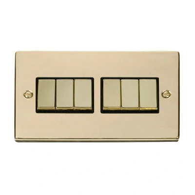 Image of Click Deco 6 Gang 2 Way Ingot 10AX Switch Polished Brass Black Inserts