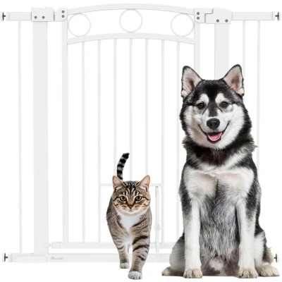 Image of PawHut Stair Gate, 96cm Extra Tall Dog Gate with Adjustable Width 76 104cm, Pressure Fit Safety Cat Door, 7cm and 14cm Extensions, for Stairs &amp; Doorways, Easy Installation, White
