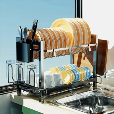 Image of Yexati 2 Tier Dish Drying Rack,Large Capacity Drainer,Kitchen Rack With Utensil Organzie,Dish Drainer Cutting Board Holder,Plus 3 Hooks,Black