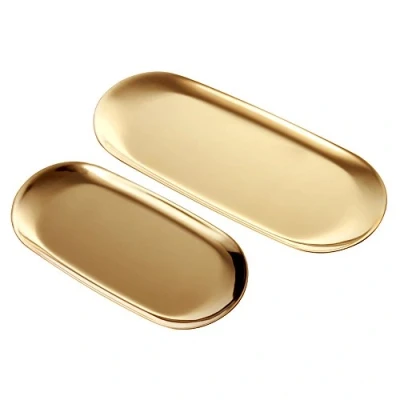 Image of 2 Sets Gold Trinket Serving Tray, ANZOME Oval Stainless Steel Tray Towel Storage Dish Plate, Tea Fruit Trays Cosmetics Jewelry Plate used in Bedroom, Kitchen, Living Room, Bathroom and Outdoors