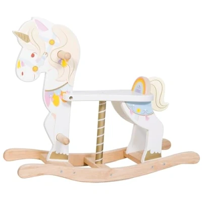 Image of Le Toy Van Petilou Wooden Multi Sensory Colourful Pastel Rocking Unicorn Carousel For Toddlers Unisex Horse Suitable 1 Year Old +