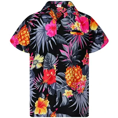 Image of King Kameha Men&#039;s Pineapple Designs Summer Party Shirts Short Sleeve, Pineapple, Black Grey, L