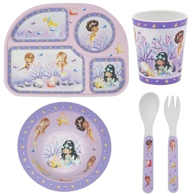Image of Lesser &amp; Pavey Rpet Eating Mermaid Set for Kitchen All in One Plates and Bowls with Spoon Fork Printed Dinner Home BPA Free Healthy Material Kids Adults