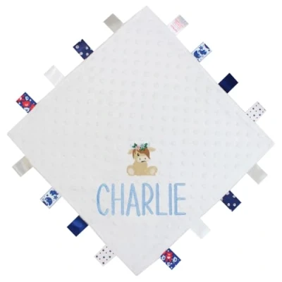 Image of TeddyT&#039;s Personalised Baby Highland Cow Ribbon Taggy Blanket Comforter (Baby Blue)