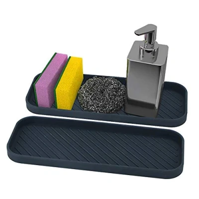 Image of Webake Kitchen Caddy Sink Tidy Organiser Silicone 2 Pcs Tray Sponge Holder for Dish Sponge, Soap Dispenser, Scrubber, Black