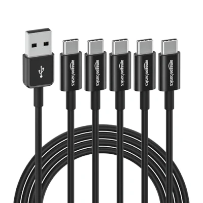 Image of Amazon Basics 5 Pack USB C to A 2.0 Fast Charger Cable, 480Mbps Speed, IF Certified, for Apple iPhone 15, iPad, Samsung Galaxy, Tablets, Laptops, 1.8 m, Black