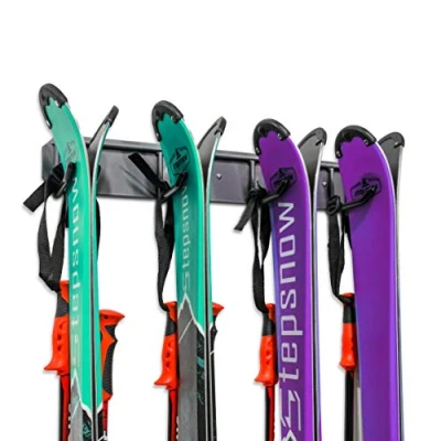 Image of Ski Storage Rack, Wall Mounted, Holds 4 Pairs of Skis &amp; Skiing Poles or Snowboard, for Home and Garage Storage, Heavy Duty, Rubber Coated Hooks,