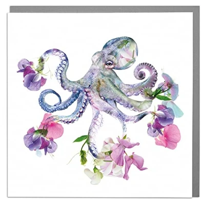 Image of Lola Design Wildlife Botanical Greeting Cards, Octopus Suitable for Birthdays, Congratulations or Any Special Occasions Blank Inside with Grey Envelope 150mm x