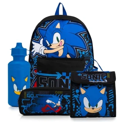 Image of Sonic The Hedgehog Backpack 4 Piece School Set with Lunch Bag, Pencil Case &amp; Water Bottle Boys Rucksack Padded Adjustable Straps Back to Supplies