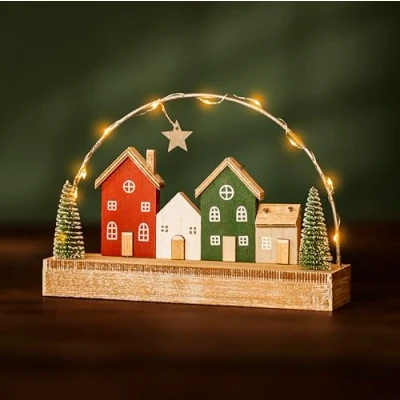 Image of Marco Paul Large LED Light Up Christmas Village Scene Houses Warm White Illuminated Pre lit Tree Star Xmas Home Ornament Decoration Wooden Winter Nordic Night Kids 25cm