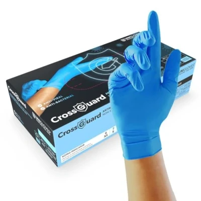 Image of UNIGLOVES CrossGuard Blue Antimicrobial Nitrile Disposable Gloves, Medical Grade, Puncture and Chemical Resistant, Size M