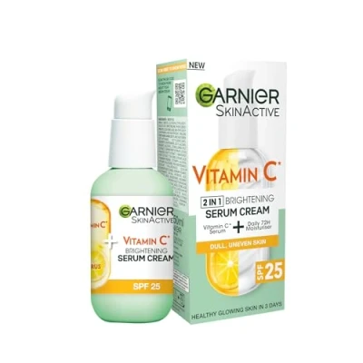 Image of Garnier Vitamin C serum Cream, 2in1 Formula With 20% &amp; SPF 25 Moisturiser, Hydrate Reveal Bright Glowing Skin, Organic Vegan Formula, 50ml