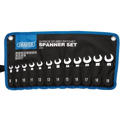 Image of Draper HI TORQ Metric Stubby Ratchet Combination Spanner Set (12 Piece)