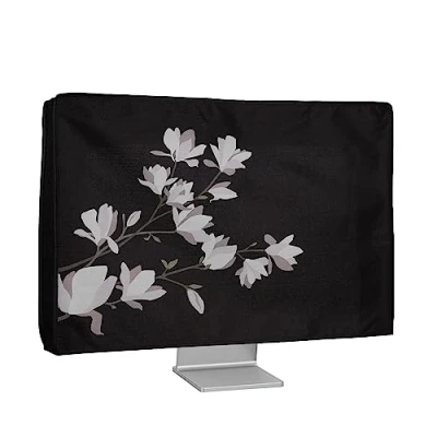 Image of kwmobile Dust Cover for 27 28&quot; Monitor Linen Protector with Design Magnolias Taupe/Brown/Black