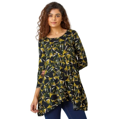 Image of Roman Originals Hanky Hem Tunic Top for Women UK Ladies Longline Blouse Asymmetric Hemline Casual Slouch Loose 3/4 Sleeves Round Neck Relaxed Comfortable Holiday Yellow Black Size 12