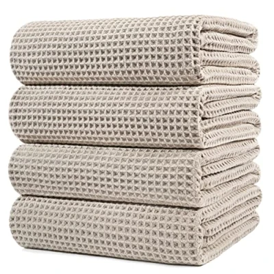 Image of POLYTE Microfibre Oversize Quick Dry Lint Free Bath Towel, 152 x 76 cm, 4 Pack (Beige, Waffle Weave)