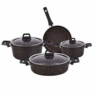 Image of Karaca 7 Piece BlackGold Induction Cookware Set Non Stick Pots and Pans Set, 3 Biogranite with Glass Lids &amp; 1 Granite Frying Pan, PFOA Free,Dishwasher Safe, Pan