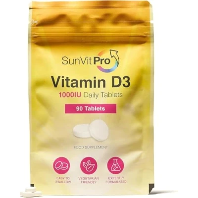 Image of SunVit D3 Vitamin D 1000IU Cholecalciferol Tablets Support the Maintenance of Bone, Teeth, Muscle &amp; Immune System UK Made, GMP Approved, Dairy Gluten free Vitamins 90