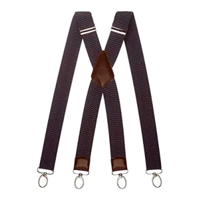 Image of Olata Heavy Duty X Shape Wide Braces/Suspenders with Brown Leather and Carabiner Clips 4cm. Dark Grey
