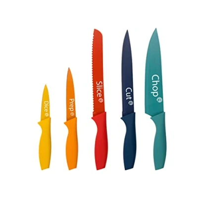 Image of MasterChef Knife Set of 5 Kitchen Knives incl. Paring, Utility, Bread, Carving &amp; Chef for Cooking, Professional Sharp Stainless Steel, Non Stick Blades Soft Touch Handles, Piece, Coloured