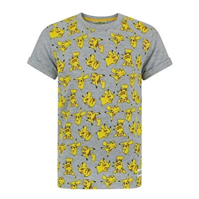 Image of Pokemon T Shirt Boys Grey Top Yellow Pikachu All Over Print for Kids 3 4 Years