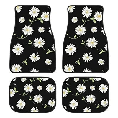 Image of Daisy Car Floor Mats Set of 4,Cute Flowers Black Design Vehicle Front Rear Carpets Mat Decorative Rugs Non Slip Auto Foot Accessories for SUV Truck