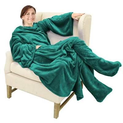 Image of Catalonia Classy Wearable Blanket with Sleeves and Foot Pocket, Warm Gift for Sofa Lovers,Soft Fleece Blankets Family, Cosy Winter,190 x 135 cm Green