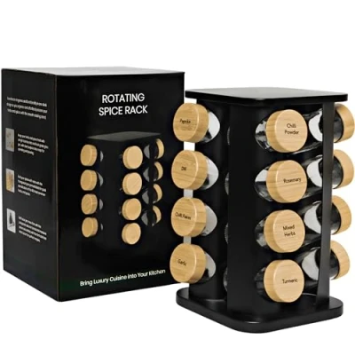 Image of My Luxury Cuisine Rotating Spice Rack, Aesthetic Rack for Inside Cupboard or Free Standing, Ideal Organiser Including 16 Jars with Lids and Labels to Easily Sort your Spices.