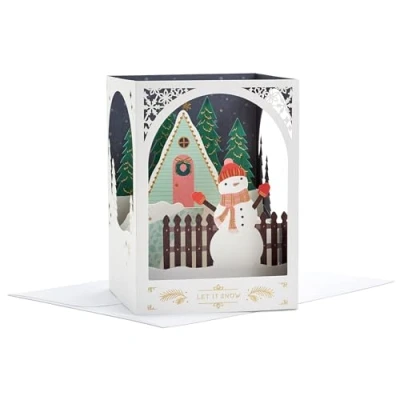 Image of Hallmark Christmas Card, Snowman Design, 3D and Pop Up Snow, White, Red