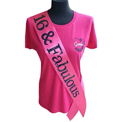 Image of Gemini Ribbons Pink 16 and Fabulous 16th Birthday Sash Holographic Party Girls Boys Sweet Sixteen