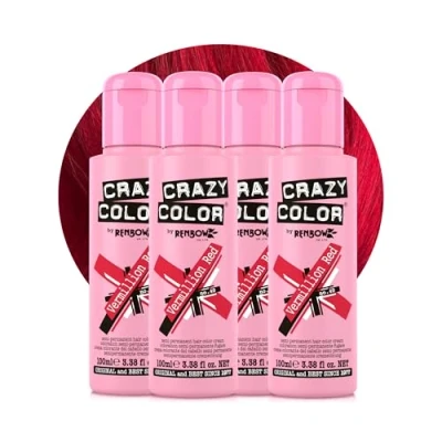 Image of Crazy Color Vibrant Vermillion Red Semi Permanent 4 Pack Quad Hair Dye. Highly Pigmented Scarlet Conditioning &amp; Oil Nourishing Vegan Formula No Bleach or Ammonia 400ml