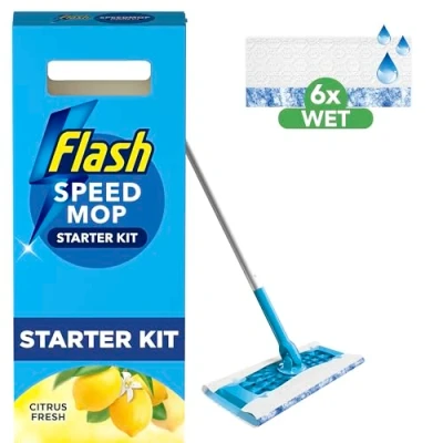 Image of Flash Speedmop Wet Mop Floor Cleaner Starter Kit For Cleaning Floors With Scrubbing Action, Includes: 1 Mop, 6 Refills