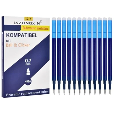 Image of LVZONGXIN Refills 12 Pack, Compatible with Pilot FriXion，0.7 mm Erasable Rollerball Pen, 400 m Writing Length, Replaceable Refill (Blue, 1)