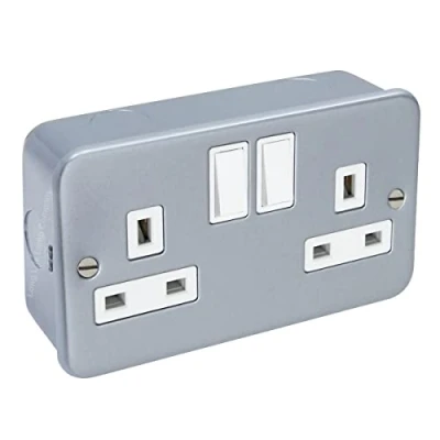 Image of Mr. Gadget&#039;s Solutions 2 Way Wall Double Mains Metal Clad Switched Socket Outlet With Mounting Back Box 13 AMP