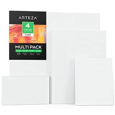 Image of ARTEZA 50x50 cm, 30x40 20x25cm, and 25x15 cm Stretched Canvas, Pack of 4, 100% Cotton Primed with Acid Free Titanium Acrylic Gesso, Art Supplies for Professional Artists &amp; Hobby Painters