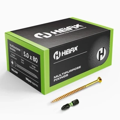 Image of Heifix Multi Purpose Wood Screws Pozi Double Countersunk FREE Screw Bit Included (QTY 100, 5mm x 80mm)