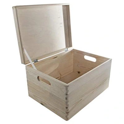 Image of Large+ Unpainted Wooden Storage Box 40 x 30 24 cm Cut out Handles, Hinged Lid &amp; Holding Tape Memory Keepsake Chest Plain Pine to Decorate Craft