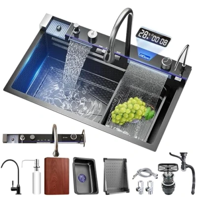 Image of Kitchen Sink with Integrated Pull Out Faucet 304 Stainless Steel Waterfall Multiple Accessories