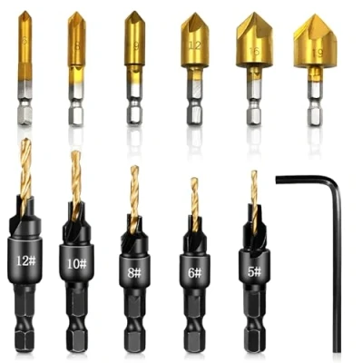 Image of 12 PCS Countersink Drill Bit Set, Counter Sink Bits for Wood Quick With L Wrench Woodworking (Black+Gold)