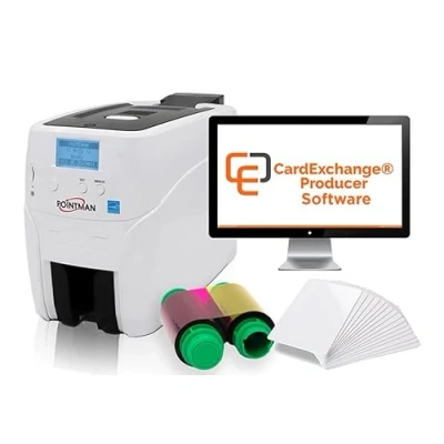 Image of idproductsuk Pointman Nuvia N15 Single Side ID card printer bundle, with 100 hopper feed including YMCKO Colour Ribbon PVC Cards and design software to start your printing